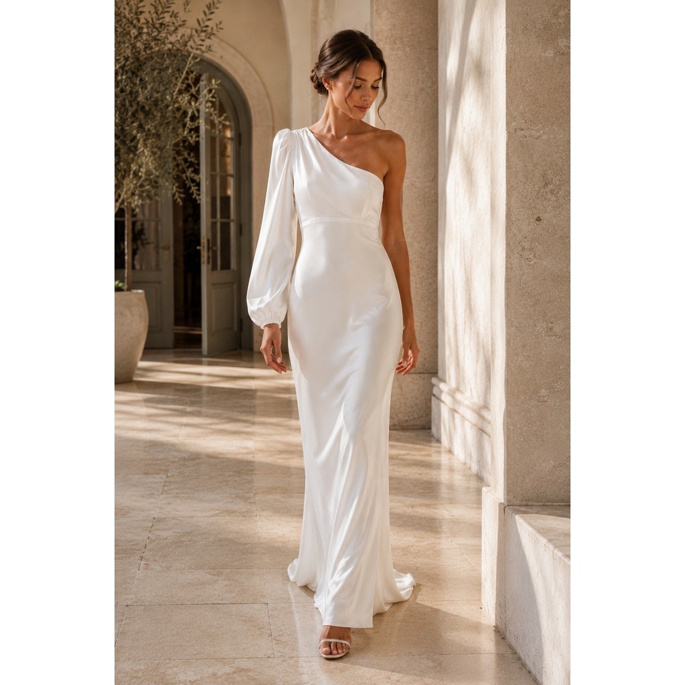 NWT Mac Duggal Ieena White One Shoulder Satin Bridal Gown 4 Minimalist